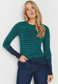 Langarm-Pullover mit einem gestreiften Design in Türkis und Marineblau, aus weichem Material gefertigt, mit rundem Halsausschnitt und taillierter Silhouette.