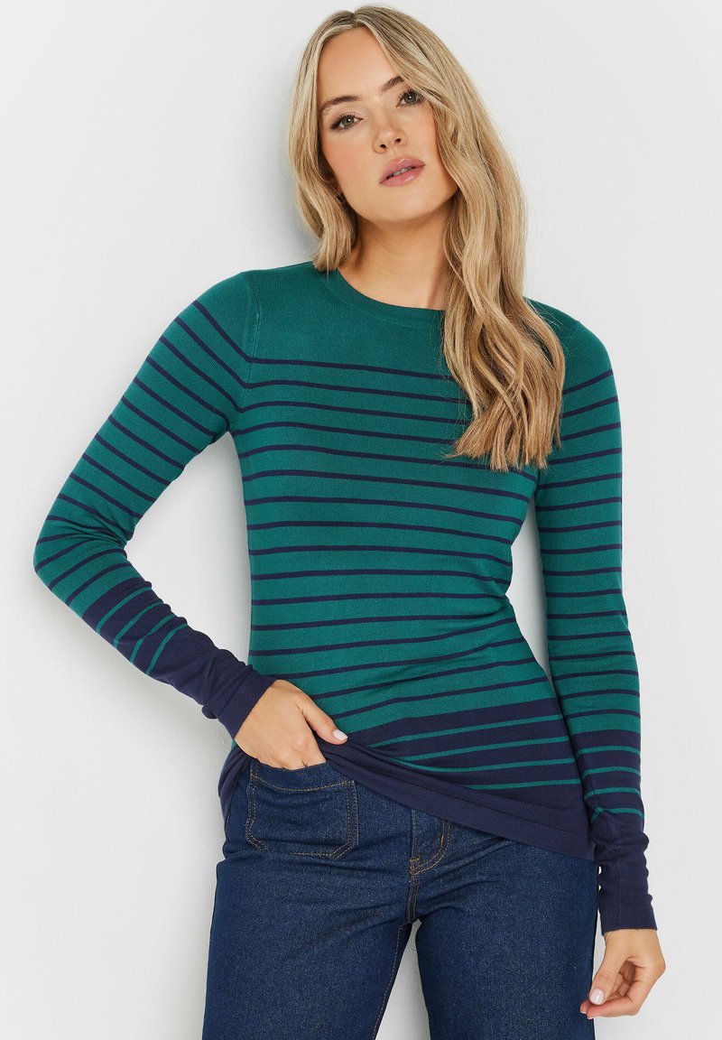 Langarm-Pullover mit einem gestreiften Design in Türkis und Marineblau, aus weichem Material gefertigt, mit rundem Halsausschnitt und taillierter Silhouette.