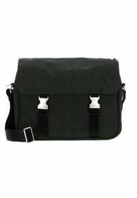 Donkergroene schoudertas met een gestructureerde stofafwerking, voorzien van zilveren metalen sluitingen en een verstelbare zwarte schouderband.