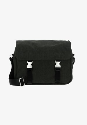 Borsa a tracolla verde scuro con una finitura in tessuto testurizzato, dotata di fermagli in metallo argentato e una tracolla nera regolabile.