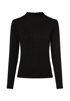 Top nero a maniche lunghe con collo alto e bordo arricciato, realizzato in un tessuto testurizzato con una leggera lucentezza. Design aderente.