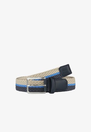 Gewebter Gürtel in Beige und Dunkelgrau mit blauen Akzenten, ausgestattet mit einer silbernen Metallschnalle und Lederdetails. Strukturierter Stoff für Flexibilität.