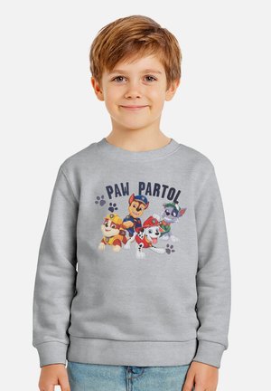 Junge lächelt, trägt einen grauen Pullover mit bunten "Paw Patrol" Cartoon-Hunden und Pfotenabdrücken auf der Vorderseite.