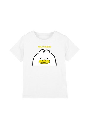 White short-sleeve t-shirt with a cartoon white bird face and yellow beak, above the text "HELLO FRIEND" in yellow.