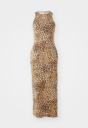 Leopard print maxi dress with a sleeveless design, fitted silhouette, and round neckline. Made from soft, stretchable fabric.