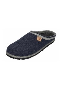 Pantofole in lana blu navy e grigio con suola nera e toppa con logo marrone di lato.