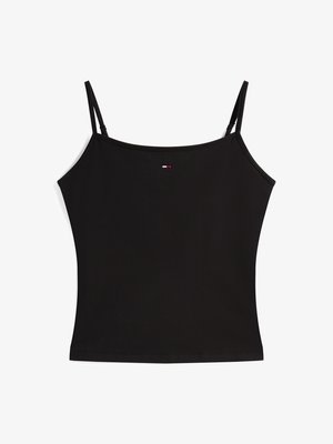 Top de camisón negro con tirantes delgados ajustables, escote recto y un pequeño logotipo tricolor en el pecho. Textura de tela suave.