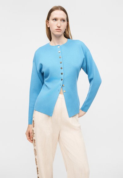 Γυναίκα που φοράει γαλάζια ζακέτα με κουμπιά και μακριά μανίκια και ανοιχτόχρωμο παντελόνι με πλευρικές χαραγές, στέκεται με το ένα χέρι στη μέση.