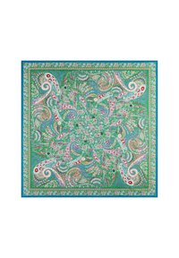 Colorful silk square scarf featuring intricate paisley and floral patterns in shades of green, red, blue, and pink with a contrasting border.