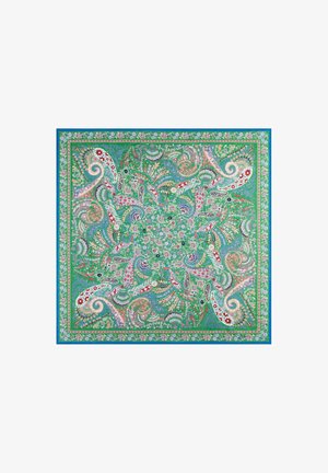Colorful silk square scarf featuring intricate paisley and floral patterns in shades of green, red, blue, and pink with a contrasting border.