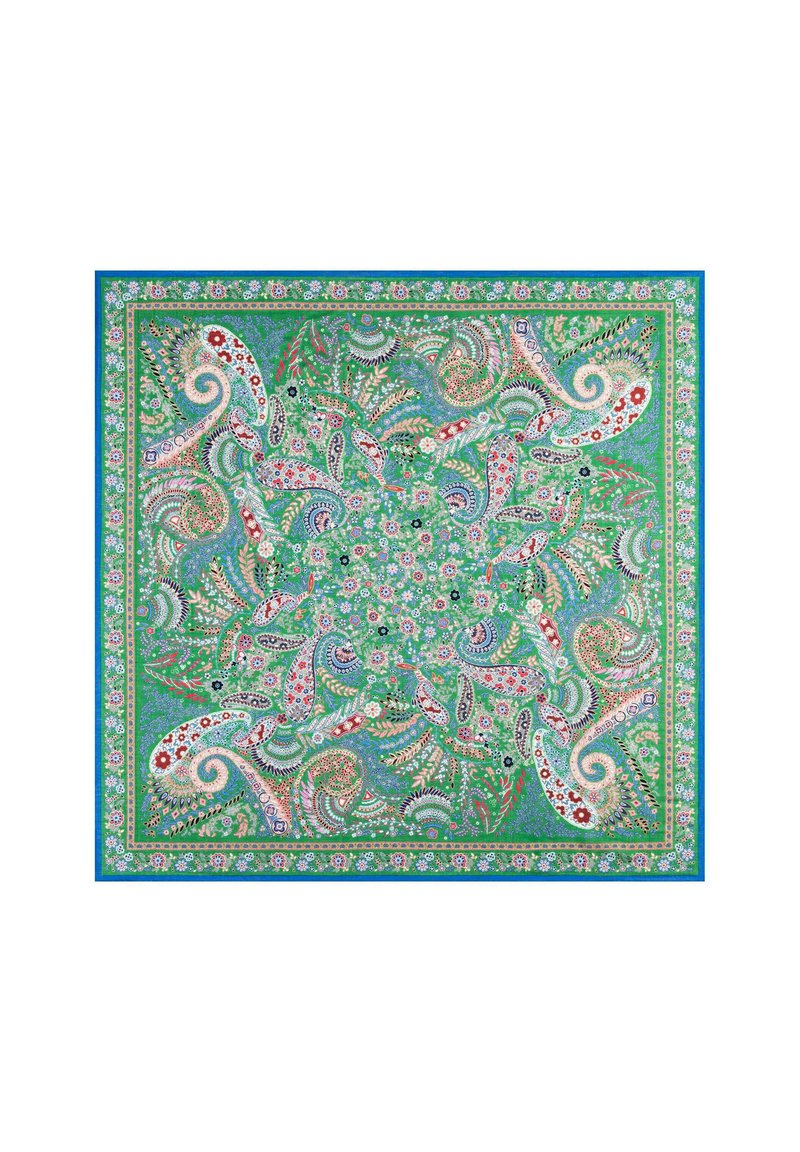 Colorful silk square scarf featuring intricate paisley and floral patterns in shades of green, red, blue, and pink with a contrasting border.