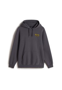Grey hoodie made of cotton with a kangaroo pocket, featuring yellow embroidered "Vans Off the Wall" logo on the chest. Drawstring hood.
