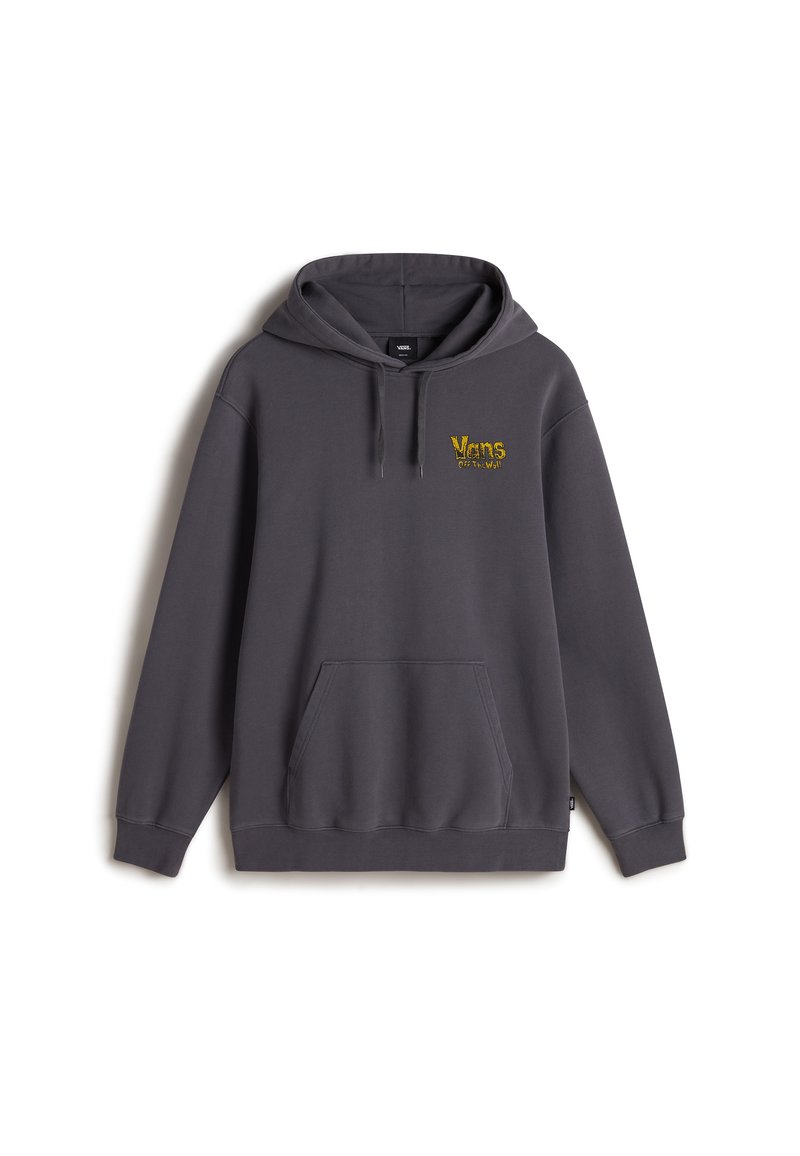 Szara bluza z kapturem wykonana z bawełny, z kieszenią typu kangur, zdobiona żółtym haftowanym logo "Vans Off the Wall" na klatce piersiowej. Kaptur ze sznurkiem.