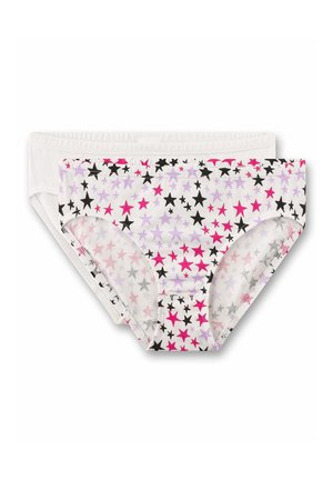 Due paia di biancheria intima per bambini, una bianca semplice e una bianca con motivi a stelle multicolore rosa, nere e viola.