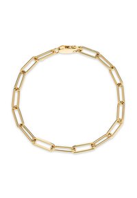 Goldene Metallkette Armband mit verlängerten Gliedern, glatter Oberfläche und sicherem Verschluss. Minimalistisches Design mit einheitlicher Farbe.