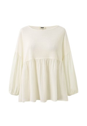 Losse, lange mouwen, crèmekleurige blouse met een ronde halslijn, een geplooide taille naad en licht opgeblazen mouwen met elastische manchetten.