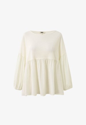 Blouse longue crème à manches longues ample, avec encolure ronde, couture de taille froncée et manches légèrement bouffantes avec poignets élastiqués.