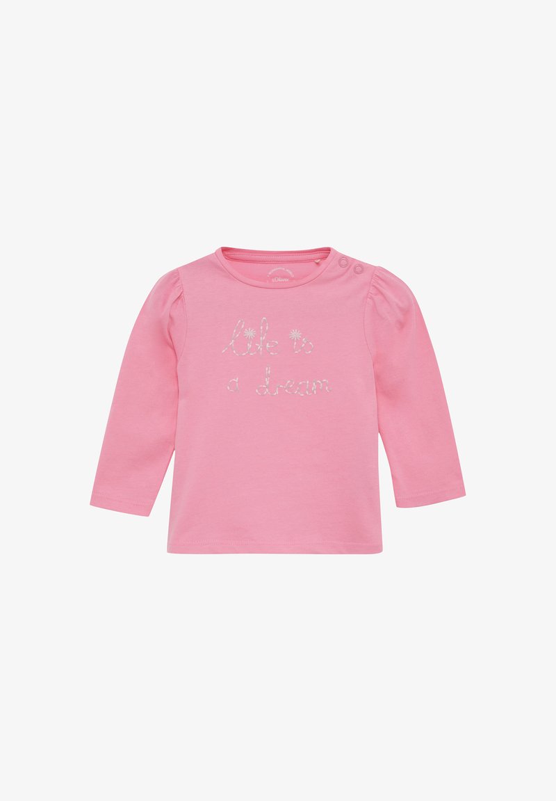 Rosa Langarm-Toddler-Shirt mit zwei Druckknöpfen an den Schultern und "Das Leben ist ein Traum" in weißer Blumenschrift gestickt.