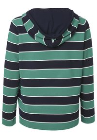 Gestreepte hoodie met groene, marineblauwe en witte horizontale strepen. Ribbelstructuur, driekwart mouwen en een voorkantzak.