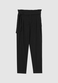 Pantaloni neri sartoriali con vita alta, dotati di pieghe e dettaglio con fiocco, realizzati in tessuto leggero per una caduta strutturata.