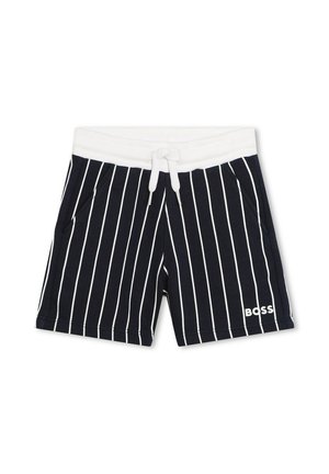 Pantaloni corti a righe blu navy con righe verticali bianche, vita elasticizzata, cordoncino e tasche laterali. Logo "BOSS" in basso a destra.