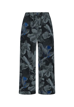 Musta leveälahkeiset housut, joissa on harmaan ja sinisen suuria kukkakuvioita sekä joustava vyötärönauha.