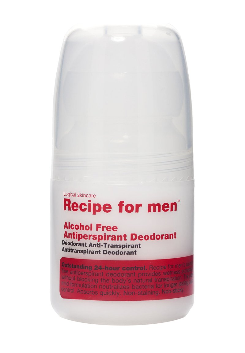 Rullande deodorant i en genomskinlig plastflaska. Röd text på en vit etikett; visar "Alkoholfri" och "Antiperspirant Deodorant." Slät yta.