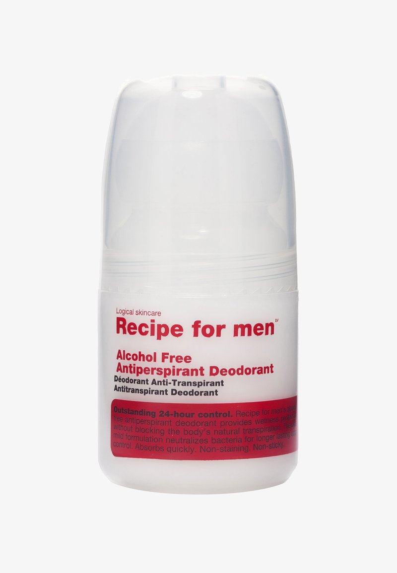 Rullande deodorant i en genomskinlig plastflaska. Röd text på en vit etikett; visar "Alkoholfri" och "Antiperspirant Deodorant." Slät yta.