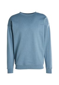 Felpa azzurro chiaro realizzata in tessuto morbido. Presenta una texture a costine, scollo rotondo, maniche lunghe e una vestibilità comoda. Senza motivi grafici o dettagli.
