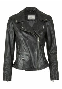 Schwarze Leder-Motorradjacke mit Reverskragen, Reißverschluss vorne und zwei Seitentaschen. Merkmale sind silberne Beschläge und eine strukturierte Oberfläche.