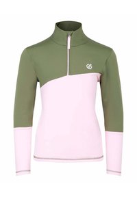 Langarmshirt mit einem Viertel-Reißverschluss, das olivgrüne und hellrosa Einsätze hat. Hergestellt aus glattem, eng anliegendem Material mit einem Logo auf der Brust.
