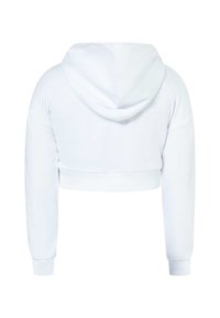 Avkortad vit hoodie med långa ärmar och dragsko i huvan. Slät textur med ribbad fåll och ärmslut. Enkelt, minimalistiskt design.