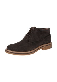 Stivaletti in suede marrone scuro con punta tonda, chiusura con lacci e suola in gomma marrone chiaro. Dettagli di cucitura minimi lungo i bordi.