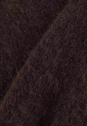 Donkerbruin, gemêleerd stof met een vlezige uitstraling, gekenmerkt door losse vezels en een zachte, warme kwaliteit. Geschikt voor kleding of dekens.