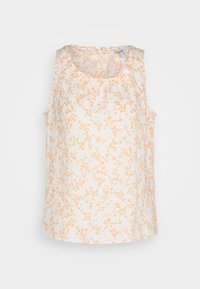 Top sans manches en tissu léger avec une base blanche et un motif floral orange en petits motifs sur l'ensemble. Encolure à volants.