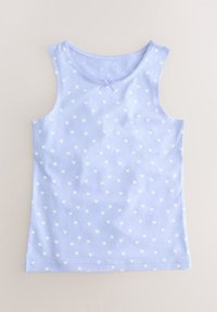 Light blue tank top made of soft fabric, featuring a pattern of small white hearts, with a rounded neckline and a delicate bow accent.