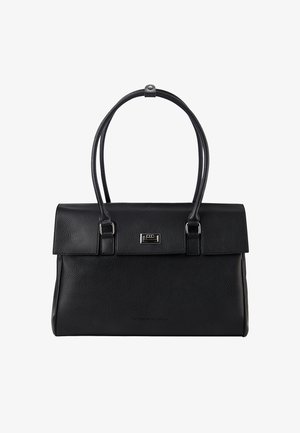 Zwarte leren handtas met een gestructureerde vorm, textuur aan het oppervlak, dubbele handvatten, metalen beslag en een klep met een logoplaatje als sluiting.
