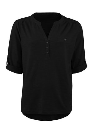 Black, button-up shirt with a henley neck and three-quarter sleeves. Features a front pocket and rolled cuffs, made from lightweight fabric.