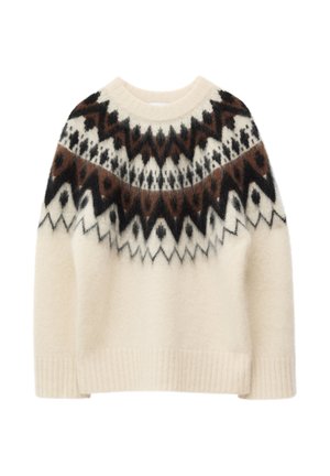 Cremfarbener Pullover mit einer flauschigen Textur, der ein geometrisches Muster in Dunkelbraun und Schwarz am Schulterbereich sowie gerippte Bündchen und Saum aufweist.