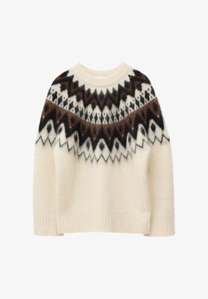 Cream-colored sweater with a fuzzy texture, featuring a geometric pattern in dark brown and black on the yoke, and ribbed cuffs and hem.