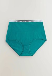 Turkosa högmidjade underbyxor med vit elastisk midjevävd med varumärket "NEXT" tryckt i svart. Slät tygkvalitet, heltäckande design.