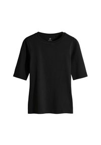 Zwart T-shirt met korte mouwen van zachte katoen en een ronde halslijn. Eenvoudig ontwerp zonder patronen of accenten. Rechte zoom aan de onderkant.