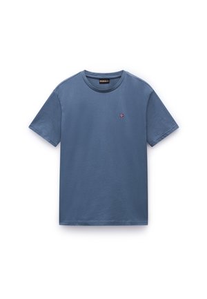Blue cotton t-shirt with a crew neckline, short sleeves, and a small embroidered logo on the chest. Smooth texture, casual fit.
