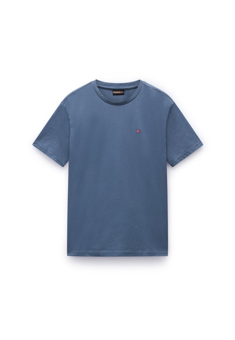 T-shirt in cotone blu con scollatura rotonda, maniche corte e un piccolo logo ricamato sul petto. Texture liscia, vestibilità casual.