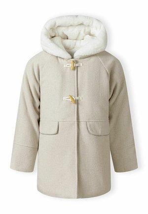 Manteau en laine beige à chevrons, avec capuche doublée en polaire, deux fermetures à bascule et poches avant à rabat.