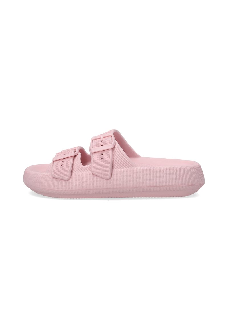 Pink molded slip-on sandals with dual adjustable buckles, textured strap and sole, offering a lightweight and flexible fit.