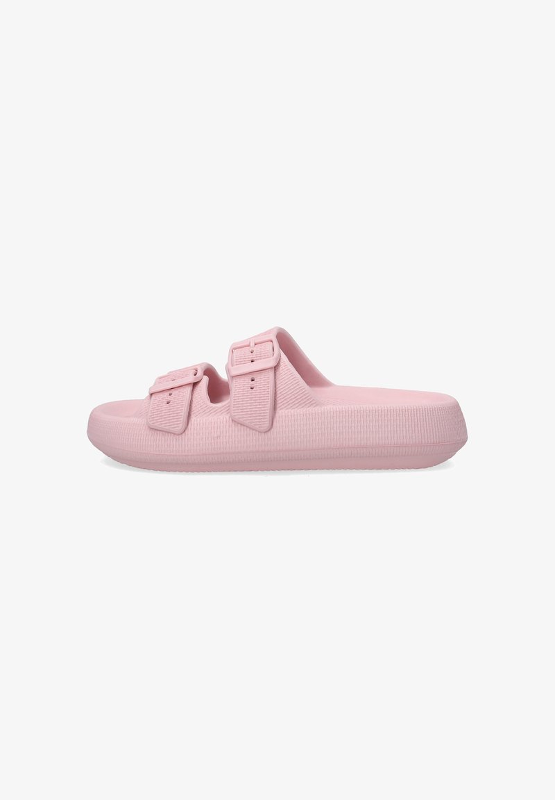 Pink molded slip-on sandals with dual adjustable buckles, textured strap and sole, offering a lightweight and flexible fit.