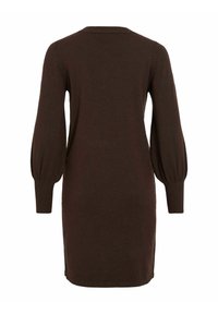 Robe tricotée marron avec un col montant, des manches longues bouffantes et des poignets côtelés. Présente une coupe décontractée et une longueur mi-thigh.