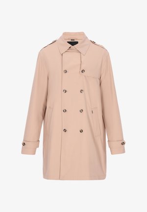 Beżowy, dwurzędowy trencz z wyciętym kołnierzem, guzikami dekoracyjnymi i bocznymi kieszeniami. Wykonany z lekkiego, gładkiego materiału.