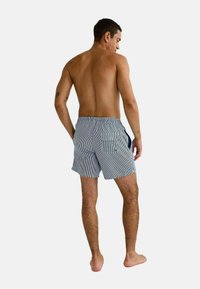 Shorts de bain pour hommes rayés bleu et blanc. Dotés d'une taille élastique, de poches et d'un tissu léger avec une coupe décontractée.